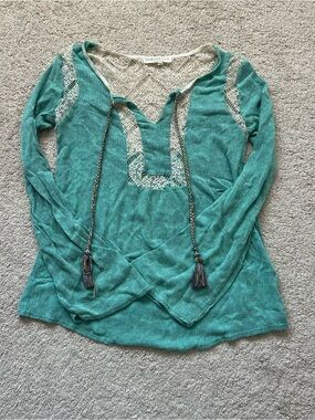 Boho Style Teal Lace-Trim Blouse Top